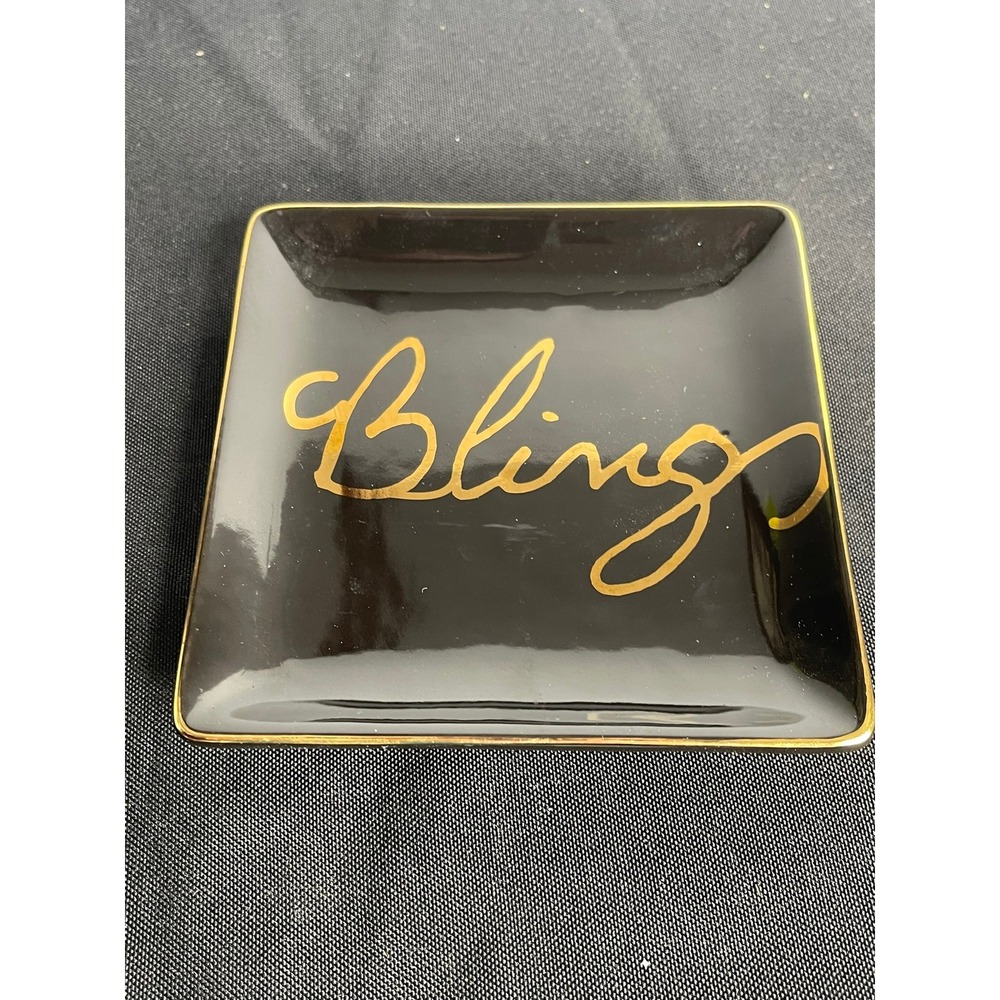 Juicy Couture Black Gold Bling Ceramic Trinket Tray Square Jewelry Dish Catchall